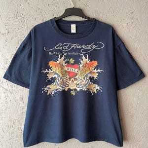 Vintage Yk2 Don Ed Hardy by Christian Audigier *Kills Love Slow* Men&#39;s T-Shirt Pisces Carp Print Big Logo Size XXL Color Blue