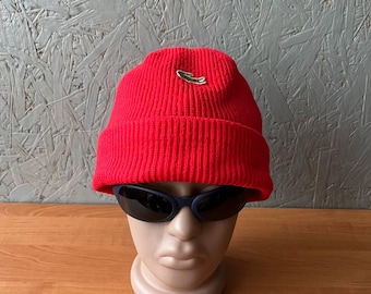 Vintage 90s Chemise Lacoste France Winter Beanie Hat Cap Embroidered Logo Crocodile ADULT Big Size Color Red