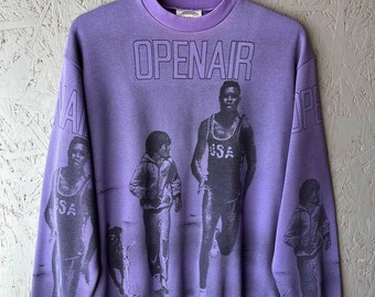 Vintage 90s OPEN AIR International Sportswear Flash Team Men's Track & Field All Over Print Retro Sweatshirt Size M Color Purple