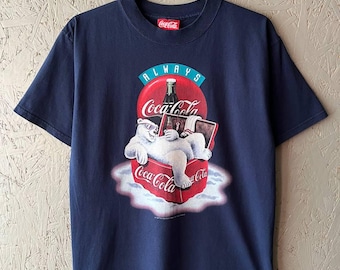 Vintage 1997-talets Coca-Cola Company herr-T-shirt Always Polar Bear grafisk logotyp storlek L färg marinblå