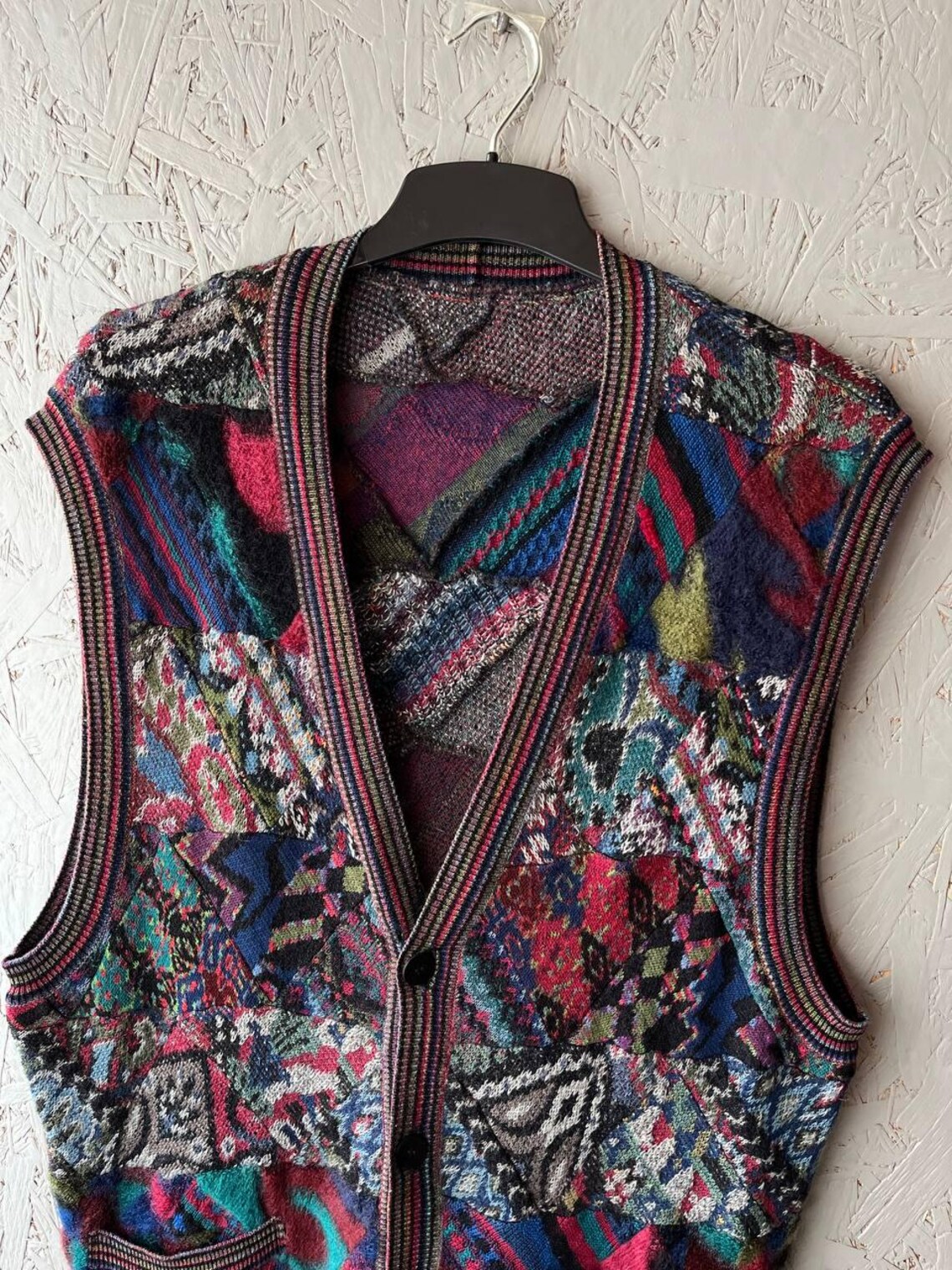 Vintage MISSONI Patchwork Knit Vest Made in Italy Size 54 | Mohair Alpaca Wool Blend Cardigan Sleeveless Sweater | Archive Designer Knitwear, foto 2 di 5