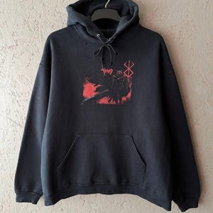 Rare BERSERK Anime Cartoon Men&#39;s Super Heavy Cotton Hoodie Big Logo Printed Size XL Color Black Red Tag Fruit Of The Loom