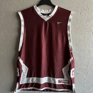 Maglia da basket vintage Nike Dri-Fit Battlegrounds #04 da uomo, senza maniche, con grande logo, taglia L, colore ciliegia e bianco.
