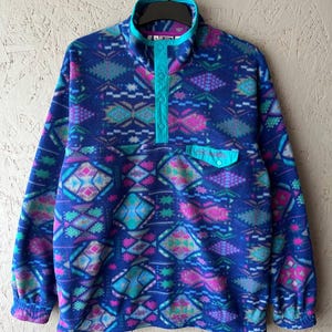Felpa vintage Lotto Boris Becker in pile / Pullover anni '90 con motivo geometrico azteco / Giacca in pile multicolore Tennis Italiano taglia XL