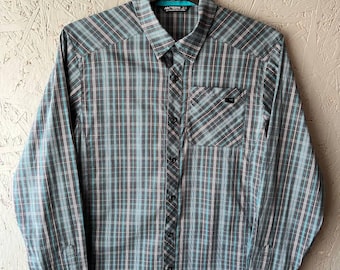 Arc'teryx Men's Technical Plaid Hiking Shirt / Gorpcore Style Outdoor Long Sleeve Snap Button Up Small Logo Size S Color Blue Gray