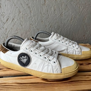 Saint Laurent Paris Court Classic SL06 Sneakers White Leather Size 40, YSL Diamond Patch Leopard Shoes, Luxury Designer Archival Streetwear