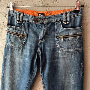 Vintage 00s Yk2 Dolce and Gabbana Women&#39;s Italy Distressed Zip Pocket Jeans Pants Leather Patches D&G Denim Masters Size 27x41 Color Blue