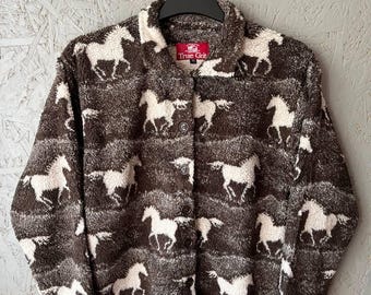Vintage True Grit Horse Print Berber Fleece Jacket Made in USA, 90s Western Sherpa Cardigan, Animal Pattern Fleece Coat, Size M