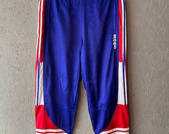 Vintage 90s Adidas Originals Descente Men's Japanese Sweatpants 3 Stripes Track Pants Embroidered Logo Size L-XL Color Blue Red