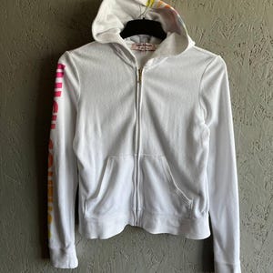 Vintage Yk2 JUICY COUTURE Women&#39;s Velour Full Zip Hoodie Big Logo Size XL-L Color White