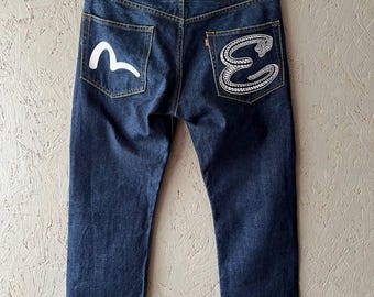 EVISU Brand Japanese Denim Hip Hop Men's Jeans Indigo Cotton Pants Embroidered Seagull Snake Logo Size 36 Color Blue