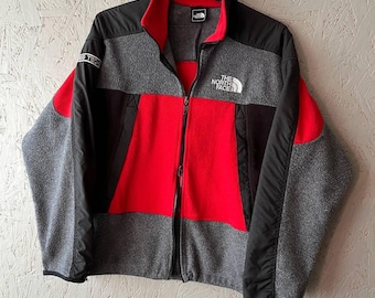 Vintage 90s The North Face EG TECH Men's Full Zip Mountain Outdoor Polartec Fleece Jacket Embroidered Logo Size L Color Gray Red Black