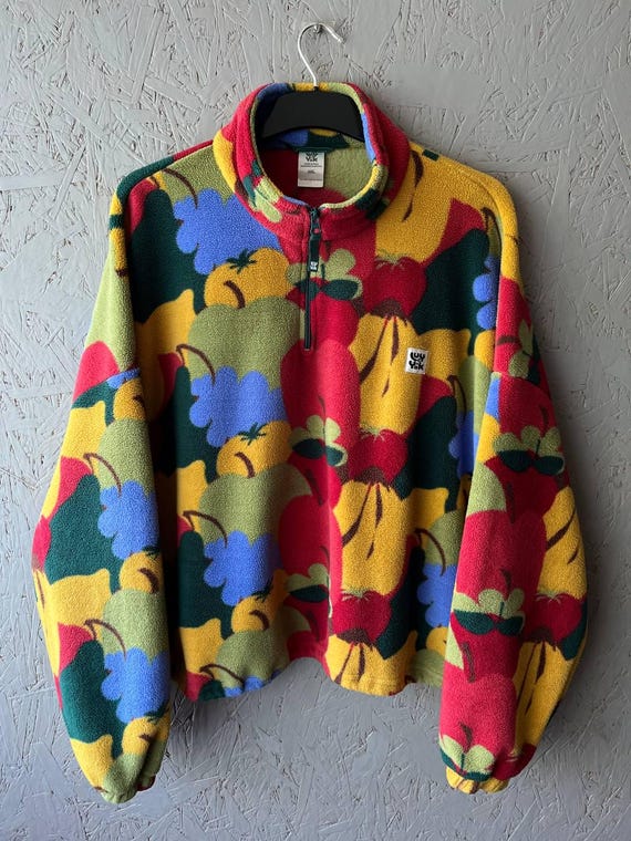 Lucy & Yak Fruit Print Fleece Quarter Zip Pullover, Recycled Polyester Oversized Crop Jacket, Colorful Apple Pattern Sweatshirt, Size 3XL