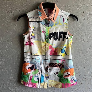 Boutons de chemise sans manches de luxe Moschino Cheap Chic Cartoon Cartoon pour femme, tailles I-40, D-36, F-36, GB-8, USA-6 Multicolore