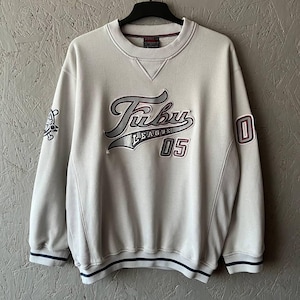 Vintage 90s FUBU *League 05* USA Authentic Hip Hop Men&#39;s Sweatshirt Pullover Big Logo Size S(M) Color Light Gray