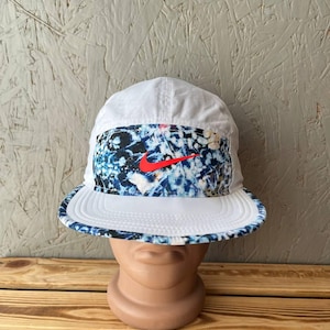 Vintage Nike AW84 Dri-Fit 5 Panel Cap White Blue Tie Dye Graphic Running Hat Camp Cap Strapback 06 16 Edition One Size