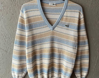 Vintage 80-90s Chemise Lacoste France Striped Men's V-Neck Sweater Pullover Small Logo Crocodile Size 5 Color Blue White Beige