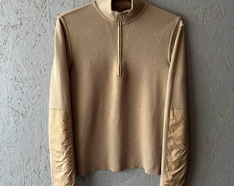 Vintage 90er Jahre PRADA Herren Italien 1/3 Zip Wollpullover mit Nylon Aufnäher Größe M Farbe Beige