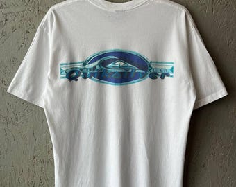 Vintage 90s Quiksilver USA Men's Surf Wear Swim T-Shirt Big Logo Size L Color White Blue Single Stitch