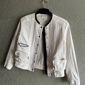Rare SANDRO Paris Women&#39;s Heavy Cotton Pockets Zip Buttons Bomber Jacket Size 38 Color White Black