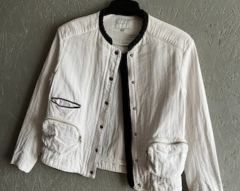 Rare SANDRO Paris Women's Heavy Cotton Pockets Zip Buttons Bomber Jacket Size 38 Color White Black