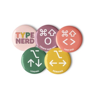 Graphic designer pins, keyboard shortcuts, set of 5 small 1.25&quot;
