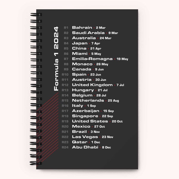 2024 F1 schedule list, dot page spiral notebook