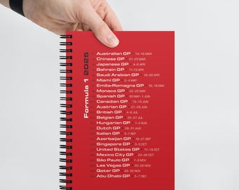 Red F1 schedule spiral notebook, 2025 races on cover, blank dot ruled pages, Grand Prix at a glance