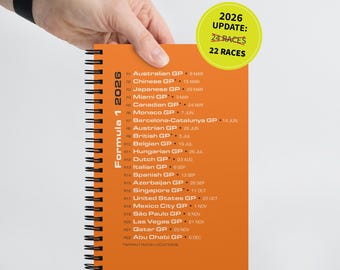 2026 Formula 1 Race Schedule Notebook – F1 Fan Gift, Dotted Journal, Orange Cover