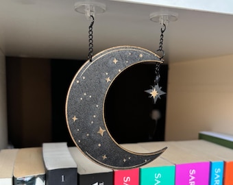 Celestial Moon Bookshelf Hanger: Wooden Star Charm, Bookish Decor