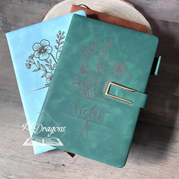 Personalised Floral Engraved Notebook, Birth Flower Themed PU Leather Cover