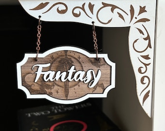Fantasy Bookshelf Sign: Wooden Book Genre Hanger