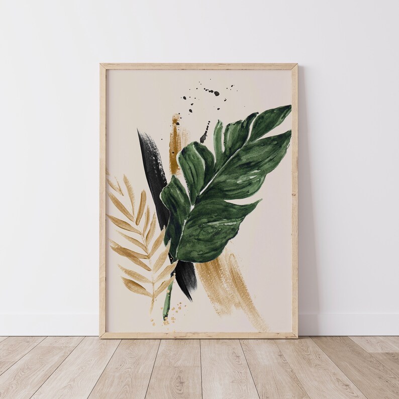 Watercolor Greenery Tropical Green and Gold Leaf Wall Art Etsy