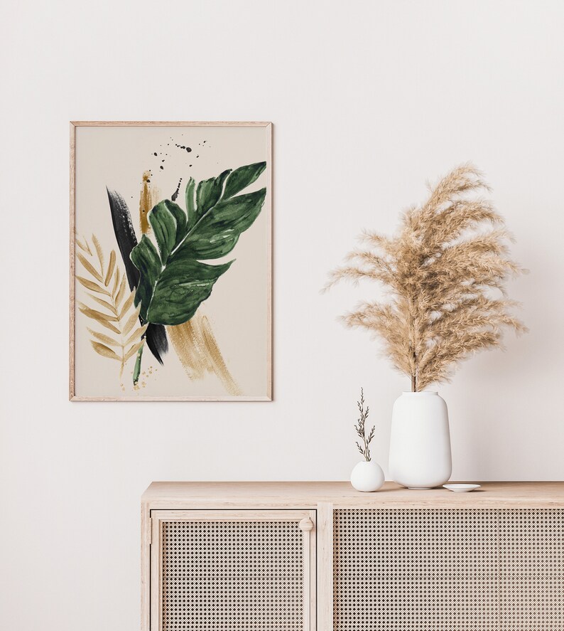 Watercolor Greenery Tropical Green and Gold Leaf Wall Art Etsy