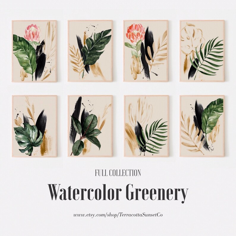 Watercolor Greenery Tropical Green and Gold Leaf Wall Art Etsy