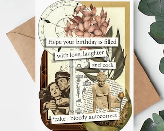 Tarjeta de cumpleaños divertida y grosera / Arte collage de los años 50 (reciclado)