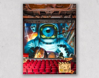 Collage espacial surrealista / Homenaje a los Cazafantasmas, Arte mural retro de ciencia ficción