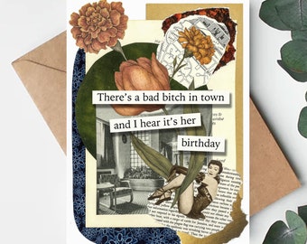 Tarjeta de felicitación de cumpleaños / Grosero / Humor / Década de 1950 / Celebración / Insinuaciones divertidas / Reciclado / Arte collage / Perra mala