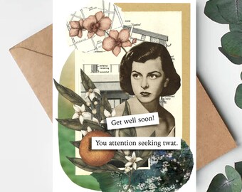 Tarjeta de pronta recuperación graciosa y grosera / Arte collage de los años 50 (reciclado)