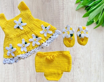 Handmade Yellow Crocheted Baby Dress with White Flower (US)