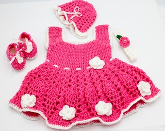 Hand Made Pink Crocheted Baby Dress with White Flower (US)