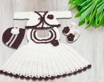 Baby girl crochet outfit Crocheted Wool Baby Dress Set with Hat, Headband & Booties White Dark Red