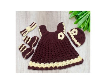 Crochet Baby Dress Set with Hat, Mittens, Booties, and Headband Dark Red Yellow