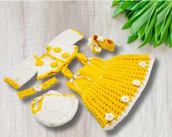 Handmade Crochet Dress Set for Baby Girls Yellow White by KnotCraftUS