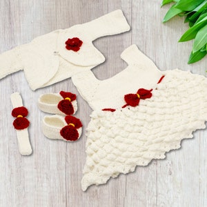 Handmade White Crocheted Baby Dress with Red Flower (US)