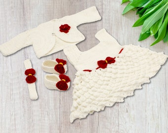 Handmade White Crocheted Baby Dress with Red Flower (US)