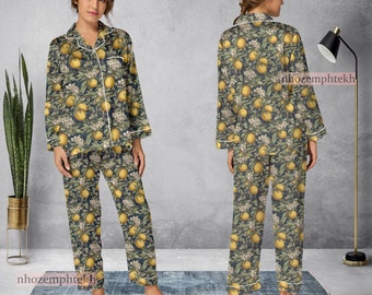 Vintage Lemons Pattern Pajamas Set, Lemons Pajamas Set, Holiday Pyjamas, Pajamas Pants, Women Pajamas, Sleepwear Pajama