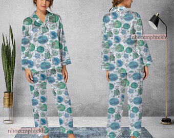 Vintage Marine Life Pattern Pajamas Set, Marine Life Pajamas Set, Holiday Pyjamas, Pajamas Pants, Women Pajamas, Sleepwear Pajama