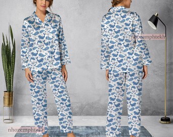 Vintage Whale Pattern Pajamas Set, Whale Pajamas Set, Holiday Pyjamas, Pajamas Pants, Women Pajamas, Sleepwear Pajama