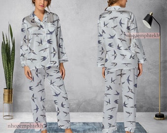 Vintage Bird Pattern Pajamas Set, Bird Pajamas Set, Bird Holiday Pyjamas, Pajamas Pants, Women Pajamas, Sleepwear Pajama